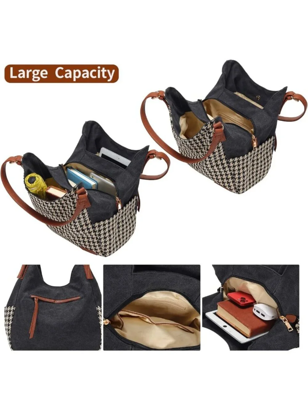 Stylish Canvas Hobo Tote Bag with Multi Pockets, Embroidery, Casual Shoulder